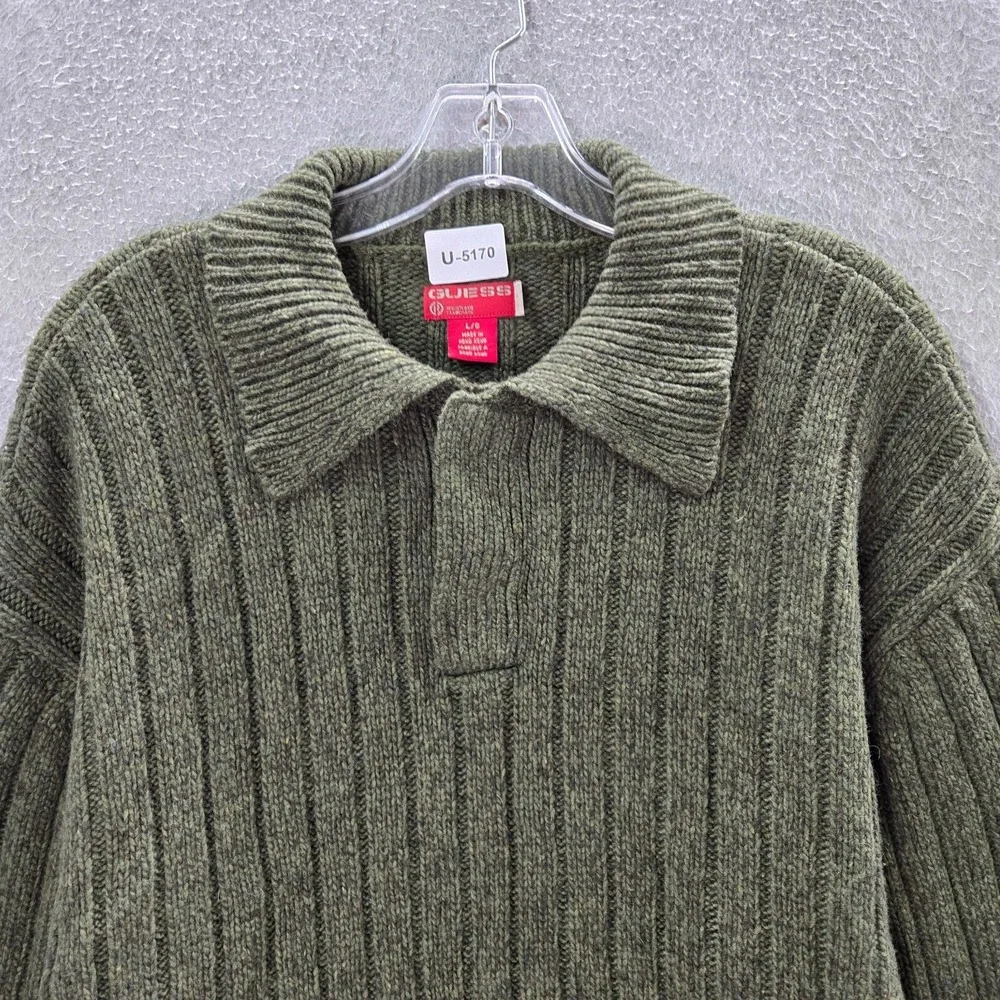 VINTAGE Guess‎ Men Sweater Large Green Knit 100% Lambswool Polo Collar Pullover
